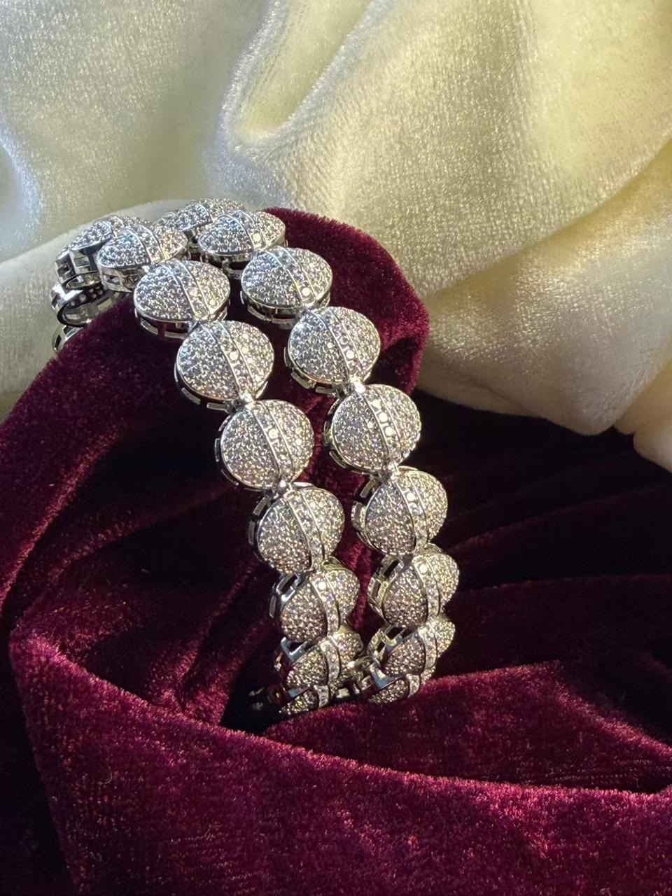 Round Pave Crystal Silver Plated Designer Kada Bangles Size 2.6