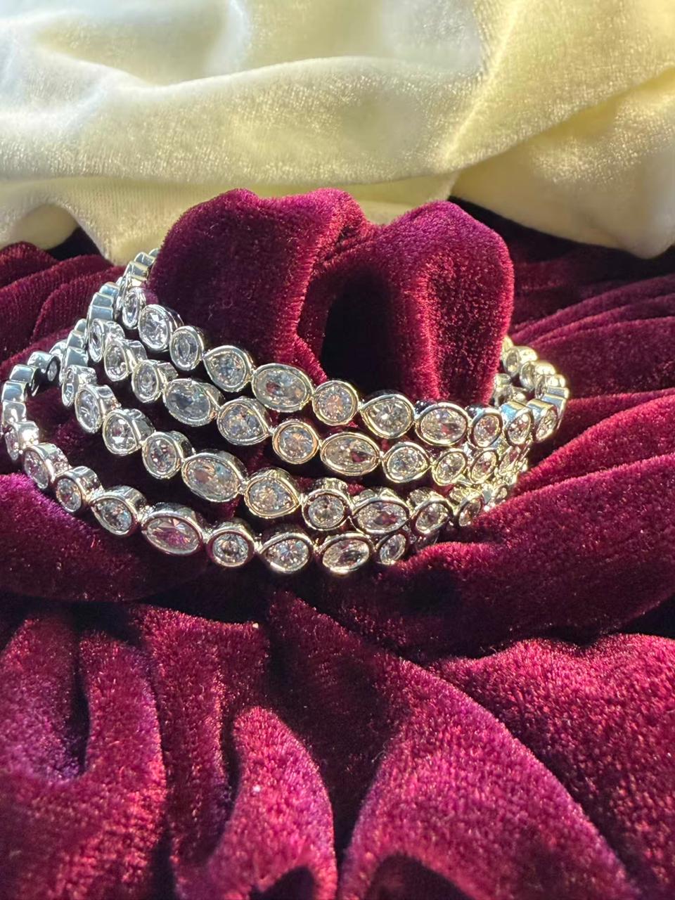 Oval Drop Cut Crystal Silver Plated Designer Kada Bangles Size 2.6