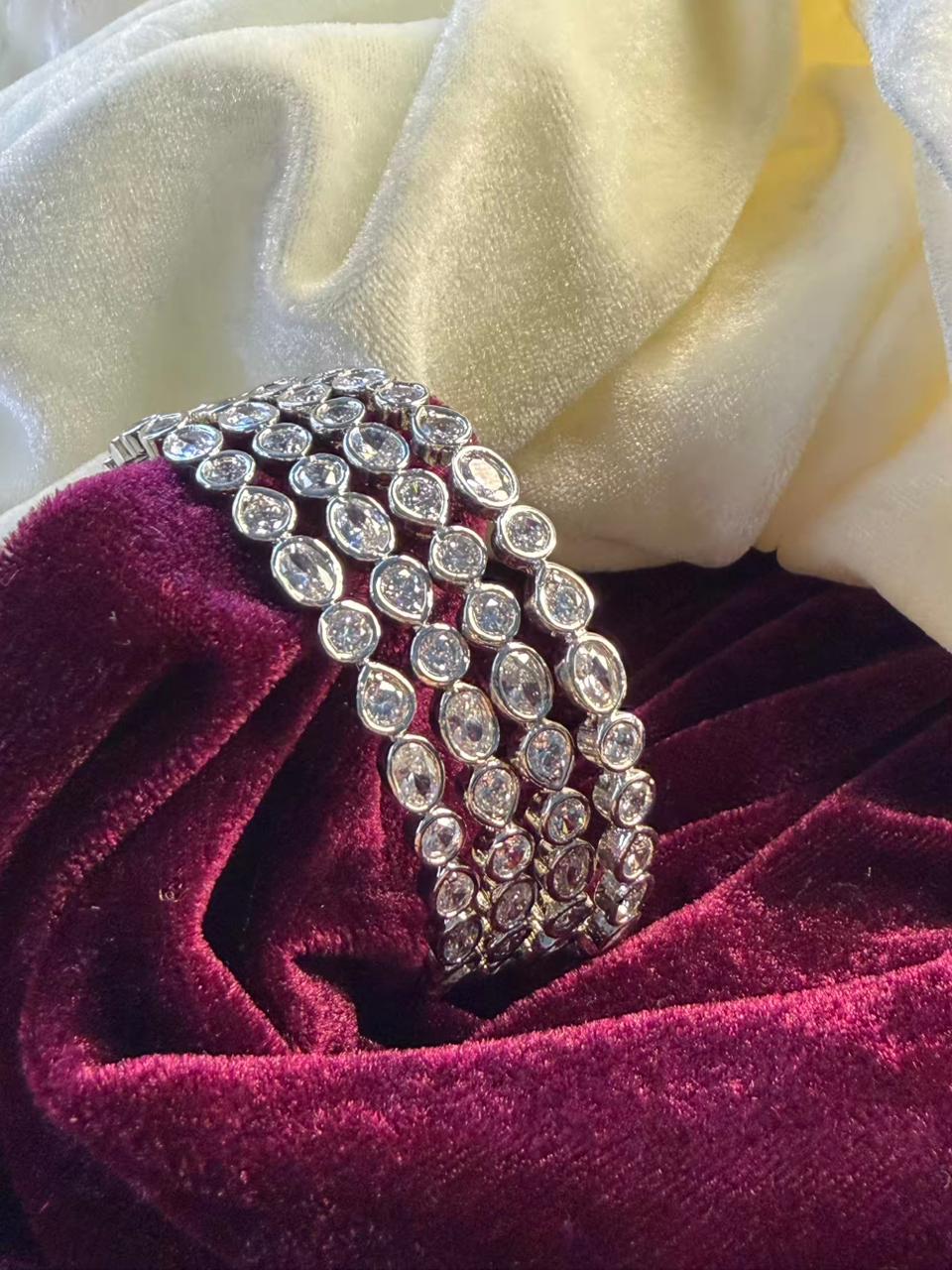 Oval Drop Cut Crystal Silver Plated Designer Kada Bangles Size 2.6