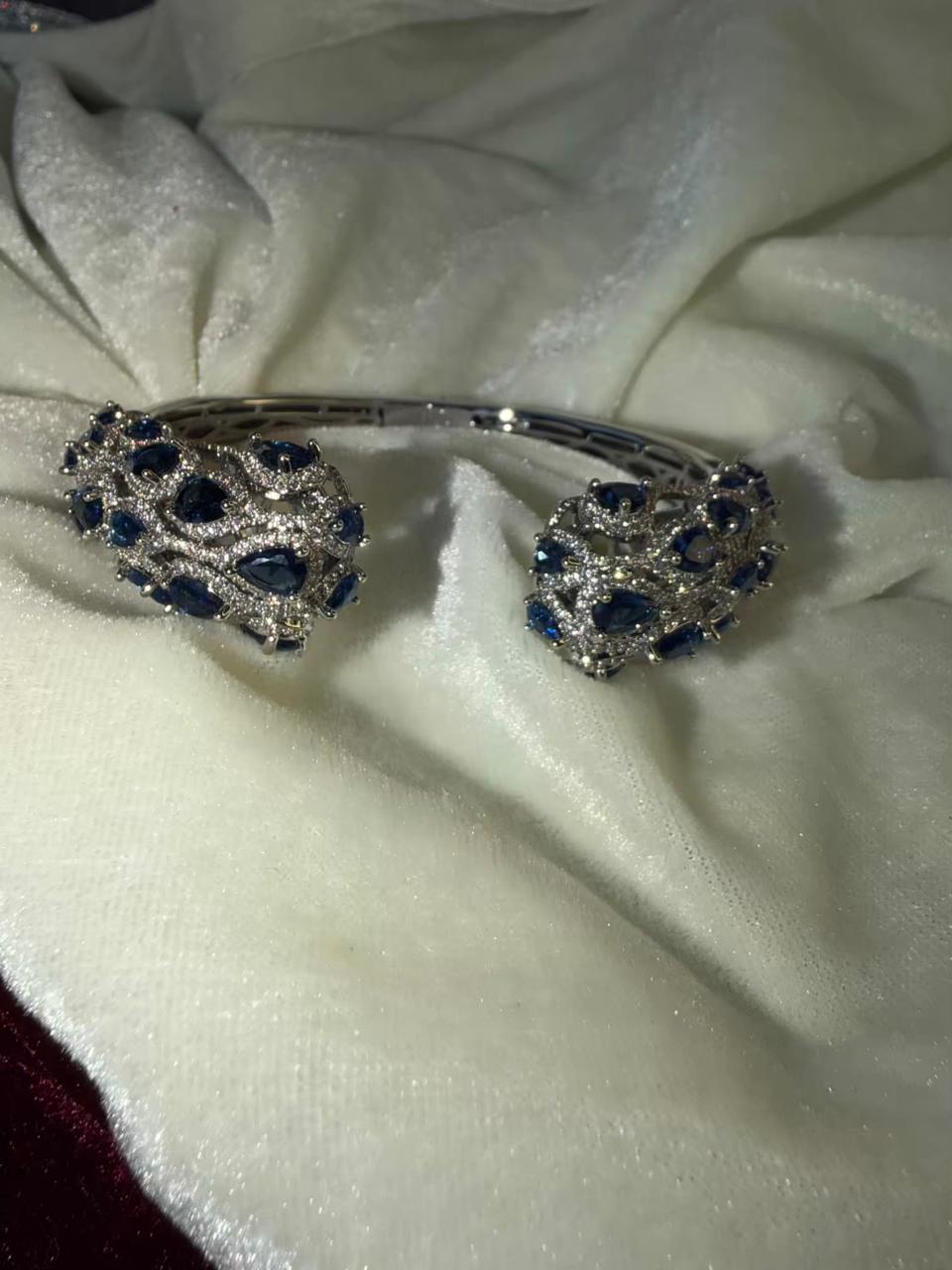 Jali Pattern Royal Blue Crystal Silver Plated Kada Size 2.8
