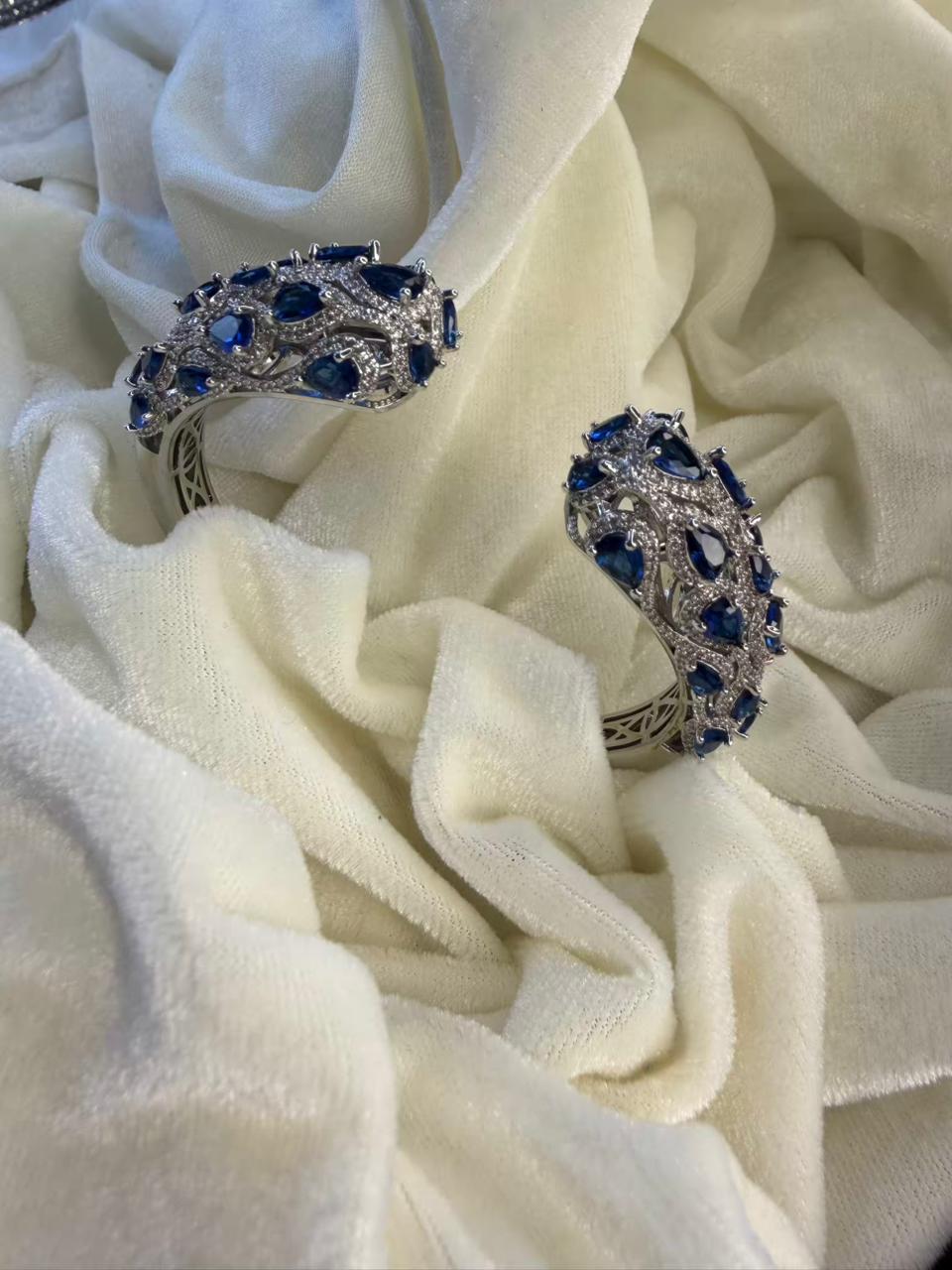 Jali Pattern Royal Blue Crystal Silver Plated Kada Size 2.8