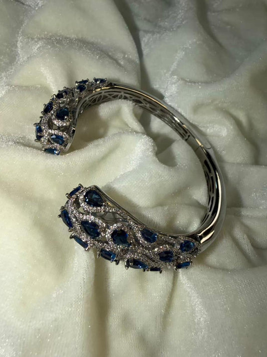 Jali Pattern Royal Blue Crystal Silver Plated Kada Size 2.8