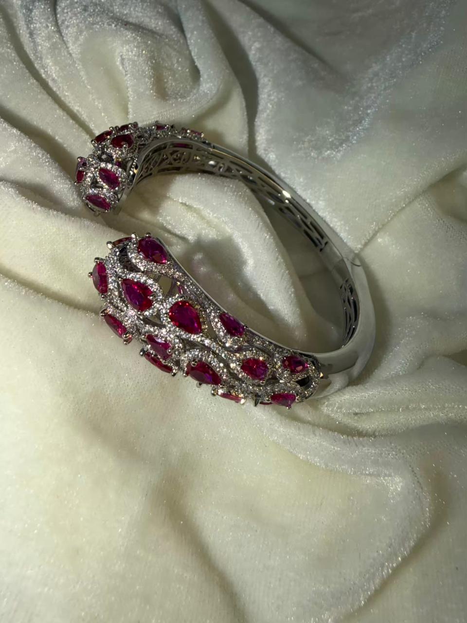 Jali Pattern Pink Crystal Silver Plated Kada Size 2.8