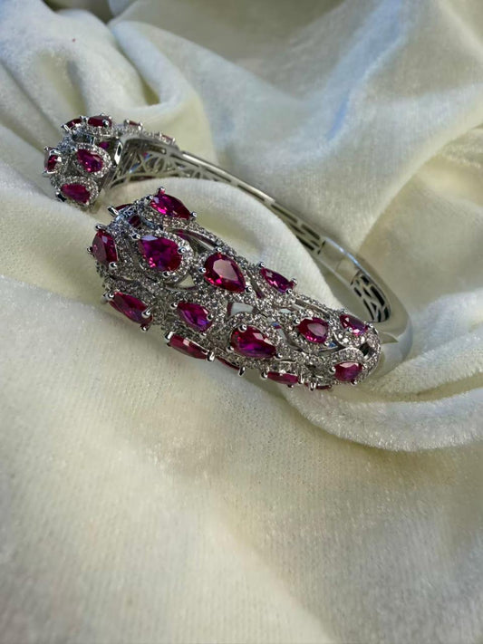 Jali Pattern Pink Crystal Silver Plated Kada Size 2.8