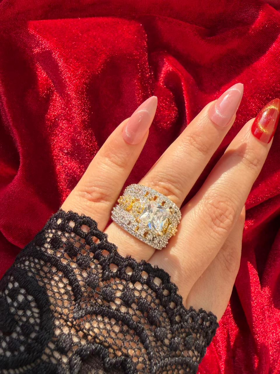 Square Cut Crystal 18K Gold Plated Statement Ring Adjustable