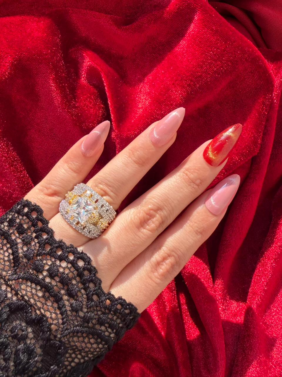 Square Cut Crystal 18K Gold Plated Statement Ring Adjustable