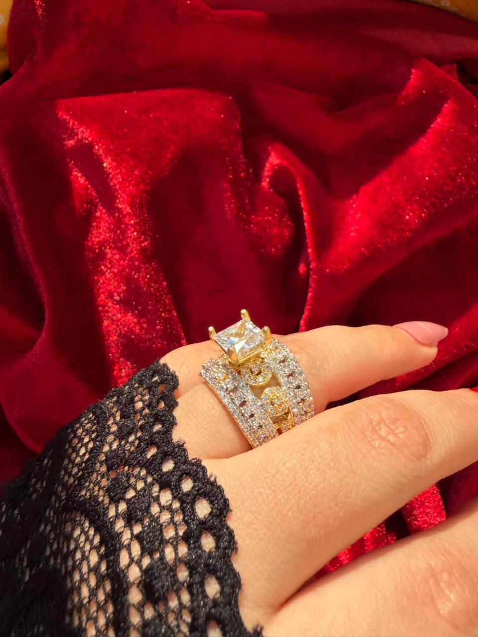 Square Cut Crystal 18K Gold Plated Statement Ring Adjustable