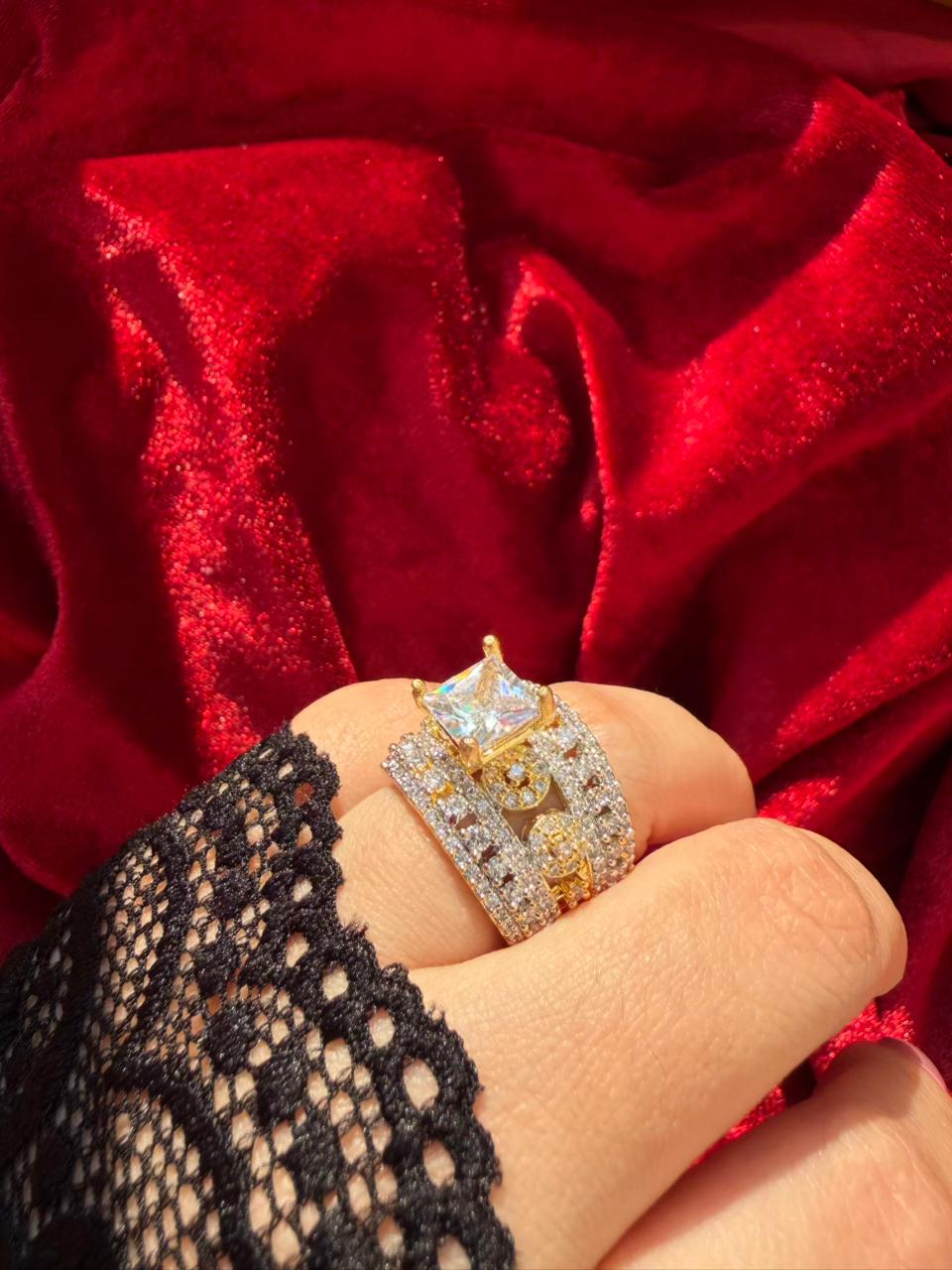 Square Cut Crystal 18K Gold Plated Statement Ring Adjustable