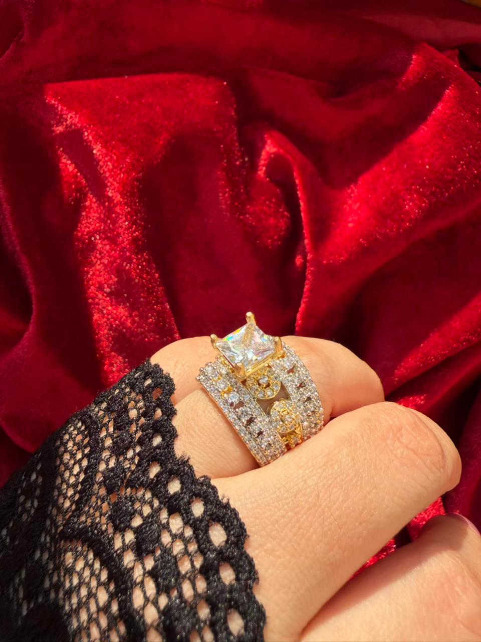 Square Cut Crystal 18K Gold Plated Statement Ring Adjustable