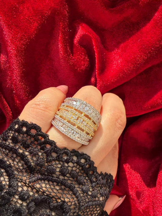 Multi Layer Crystal 18K Gold Plated Statement Ring Adjustable