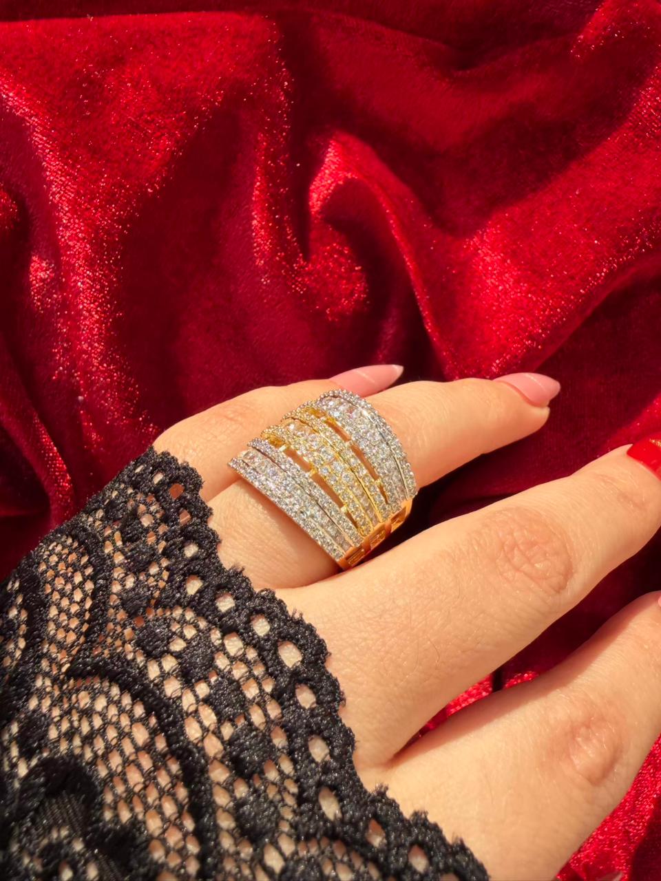 Multi Layer Crystal 18K Gold Plated Statement Ring Adjustable