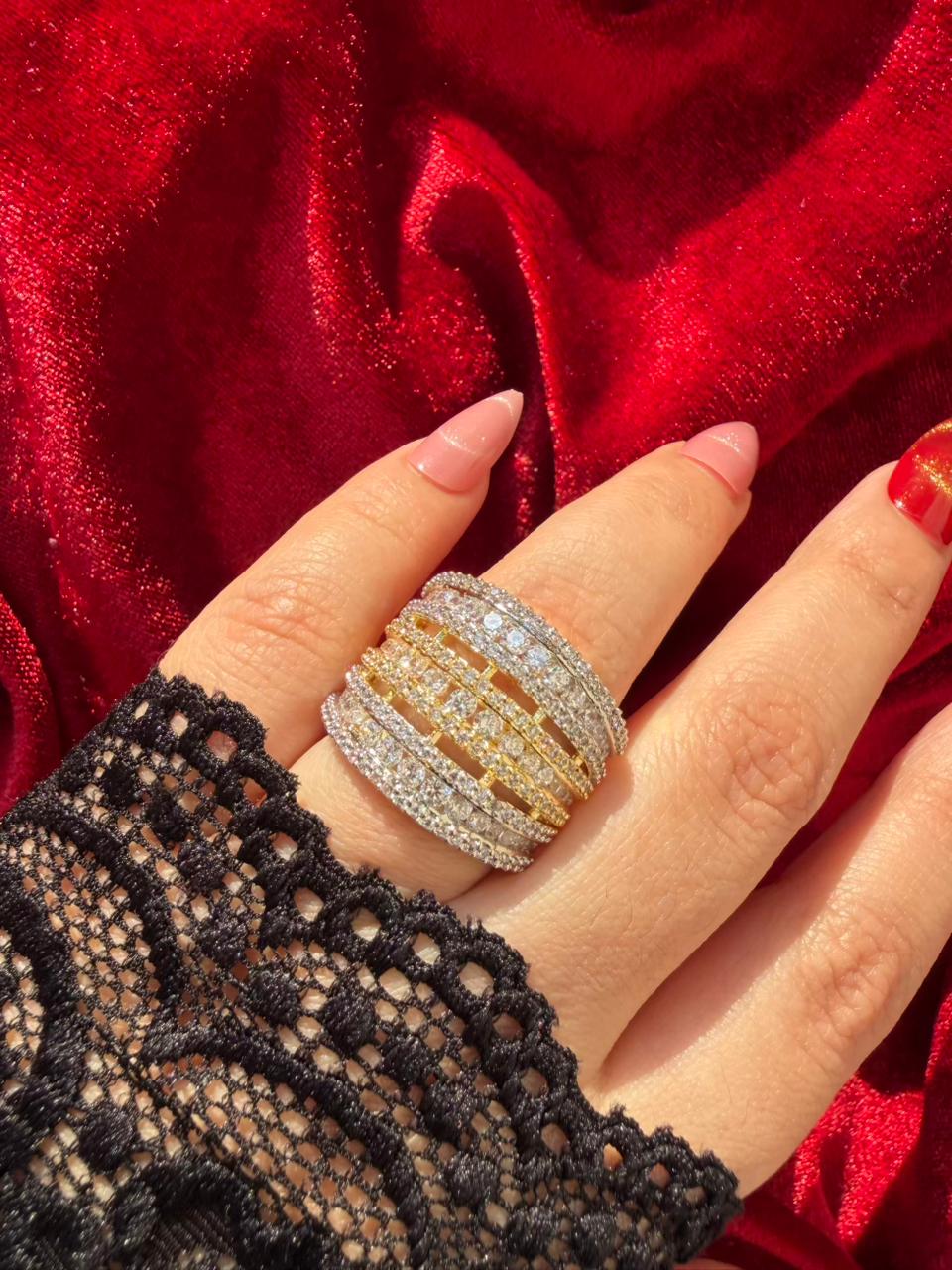 Multi Layer Crystal 18K Gold Plated Statement Ring Adjustable