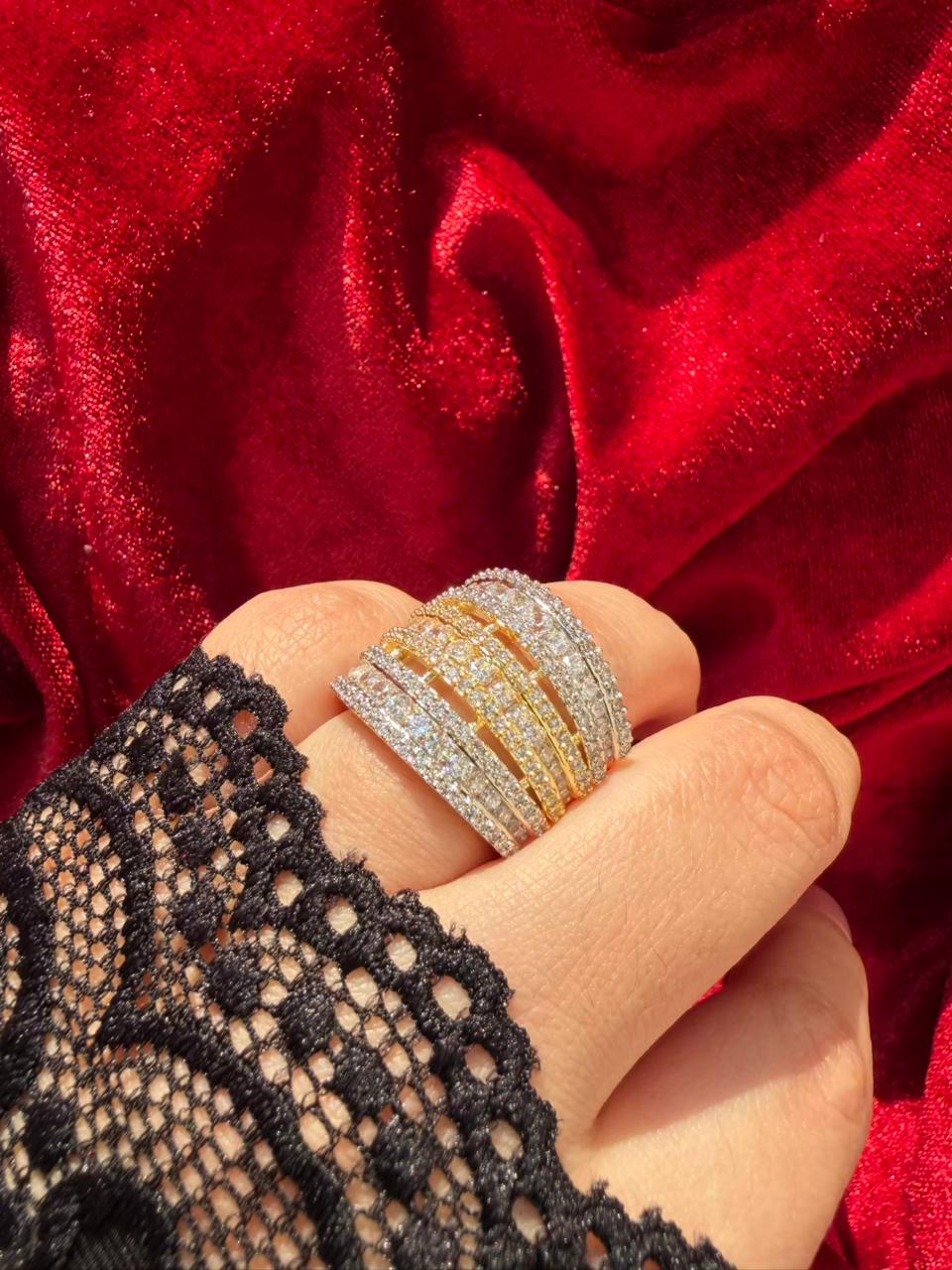 Multi Layer Crystal 18K Gold Plated Statement Ring Adjustable