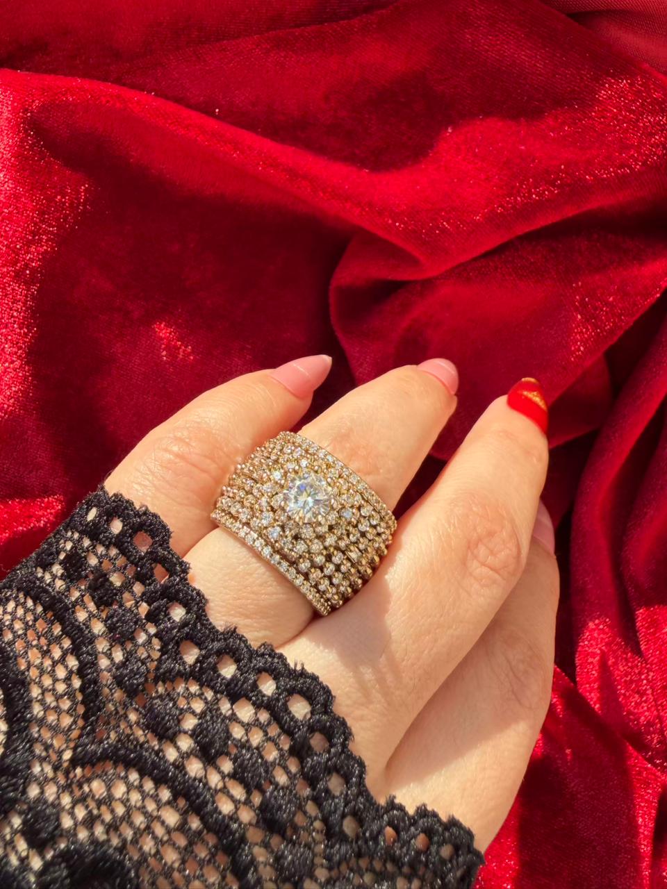 Round Crown Crystal Antique Gold Plated Statement Ring Adjustable