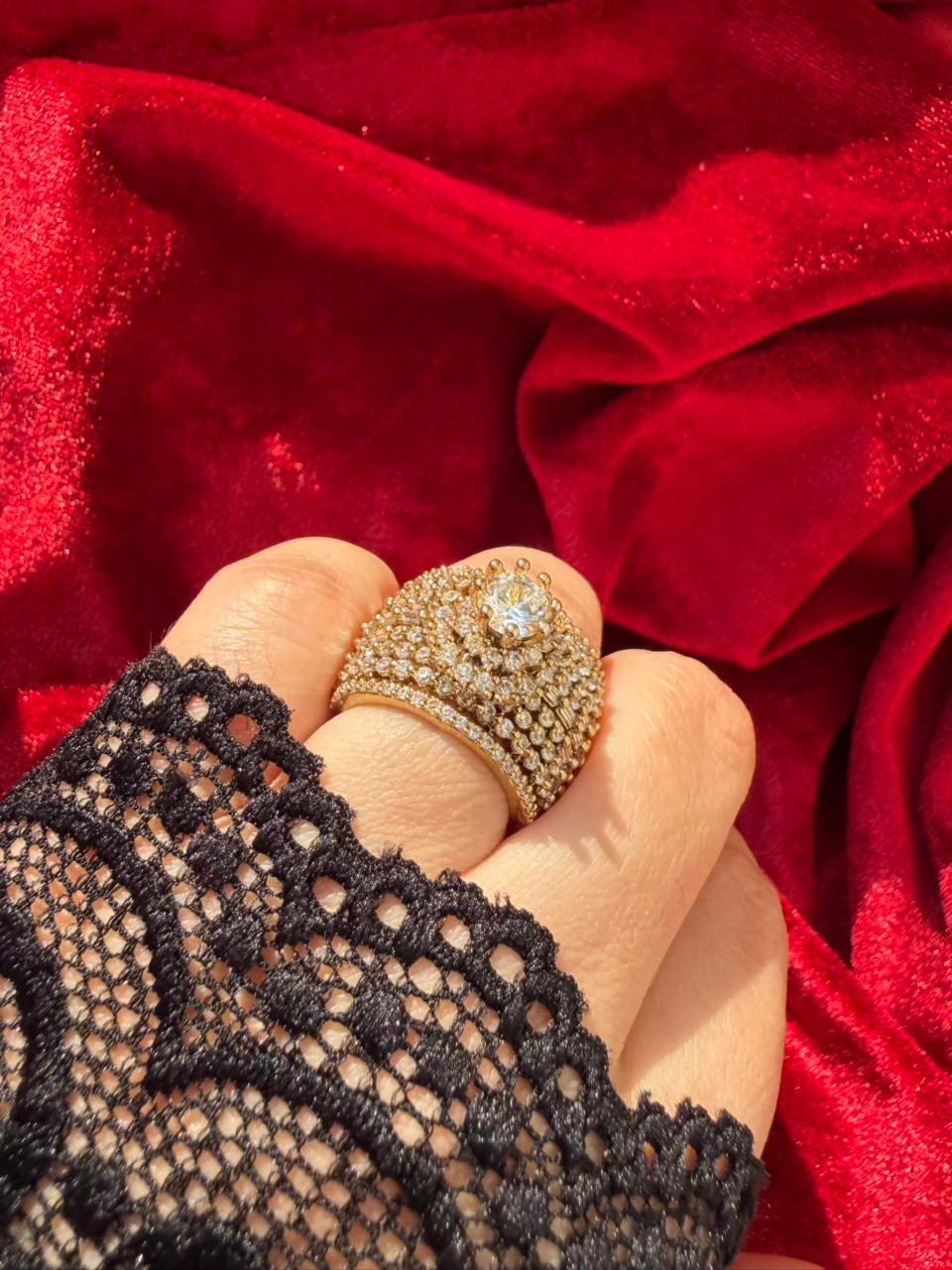 Round Crown Crystal Antique Gold Plated Statement Ring Adjustable