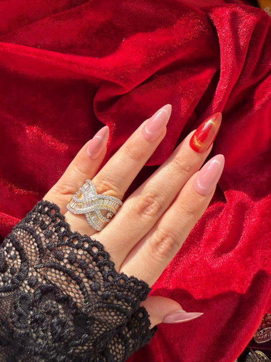 Twisted Ribbon Baguette Crystal 18K Gold Plated Statement Ring Adjustable