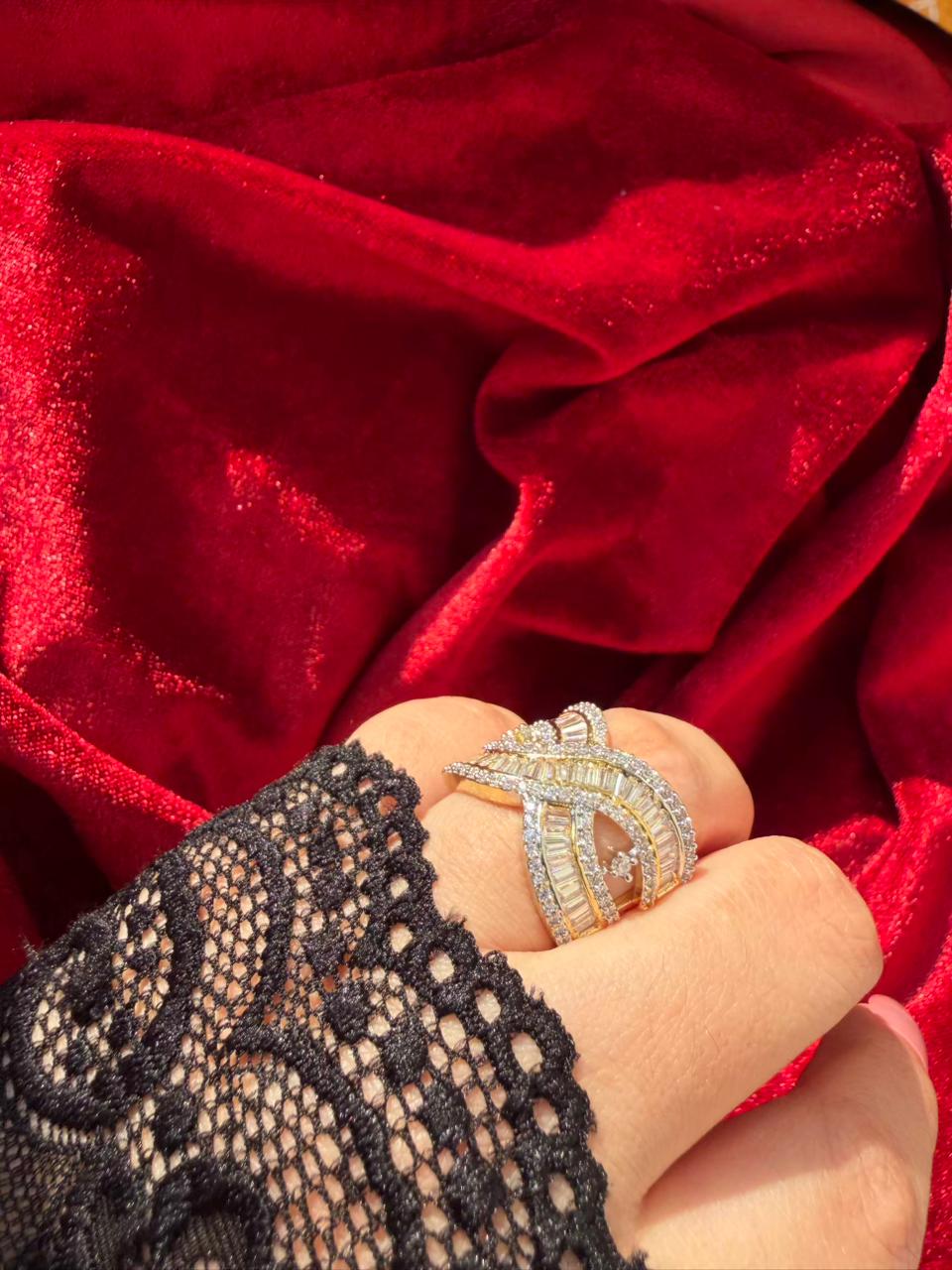 Twisted Ribbon Baguette Crystal 18K Gold Plated Statement Ring Adjustable