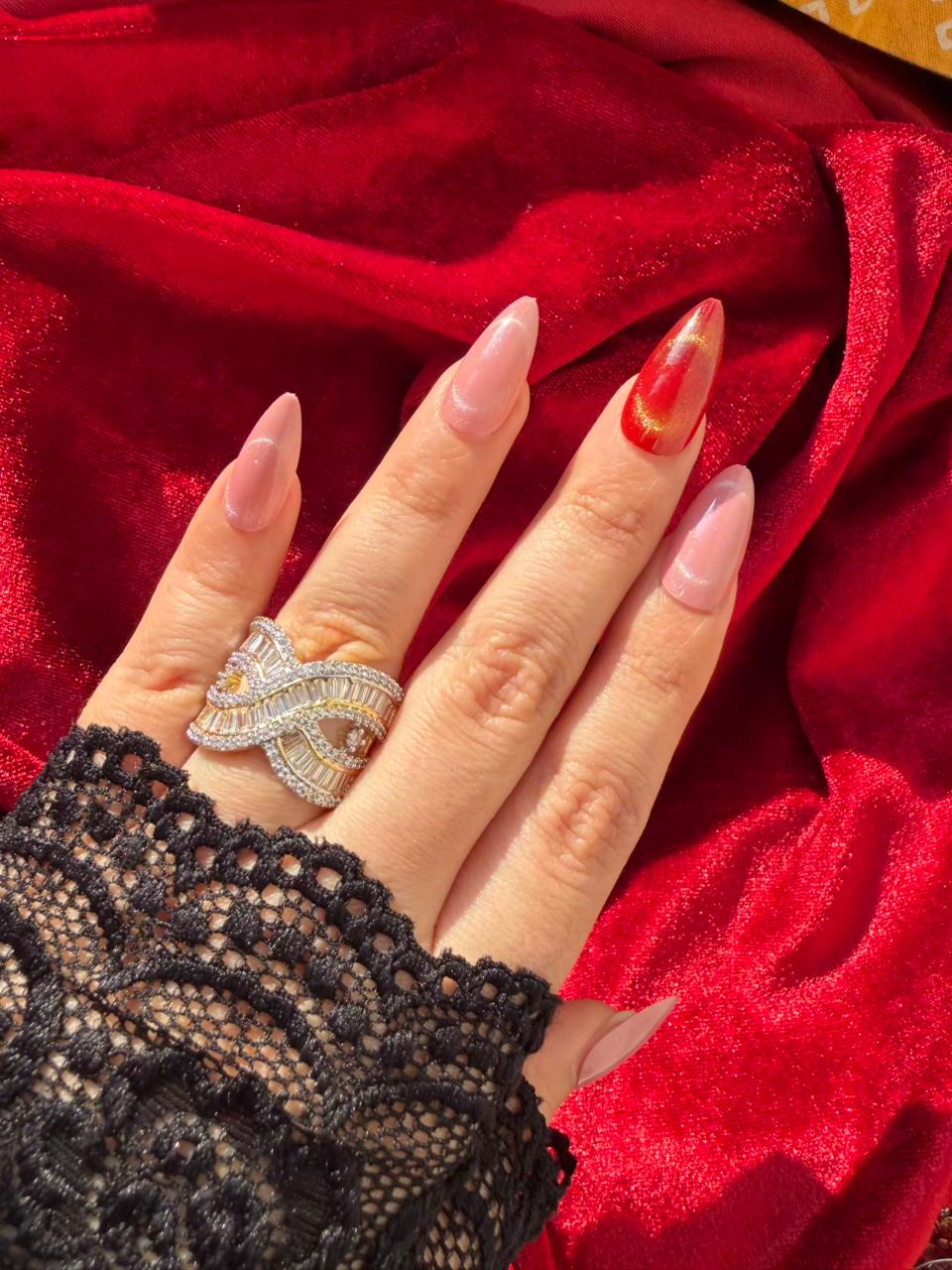 Twisted Ribbon Baguette Crystal 18K Gold Plated Statement Ring Adjustable