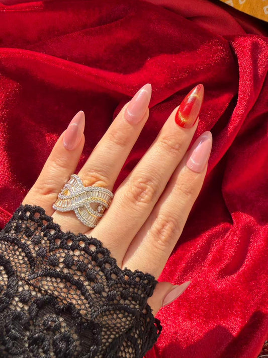 Twisted Ribbon Baguette Crystal 18K Gold Plated Statement Ring Adjustable