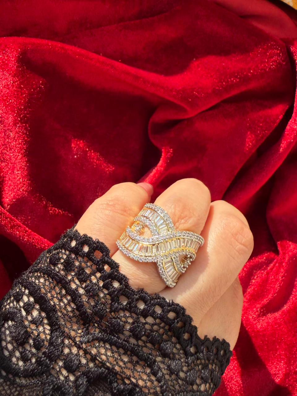 Twisted Ribbon Baguette Crystal 18K Gold Plated Statement Ring Adjustable