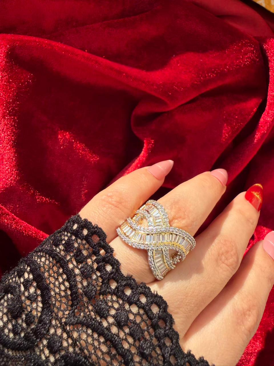 Twisted Ribbon Baguette Crystal 18K Gold Plated Statement Ring Adjustable