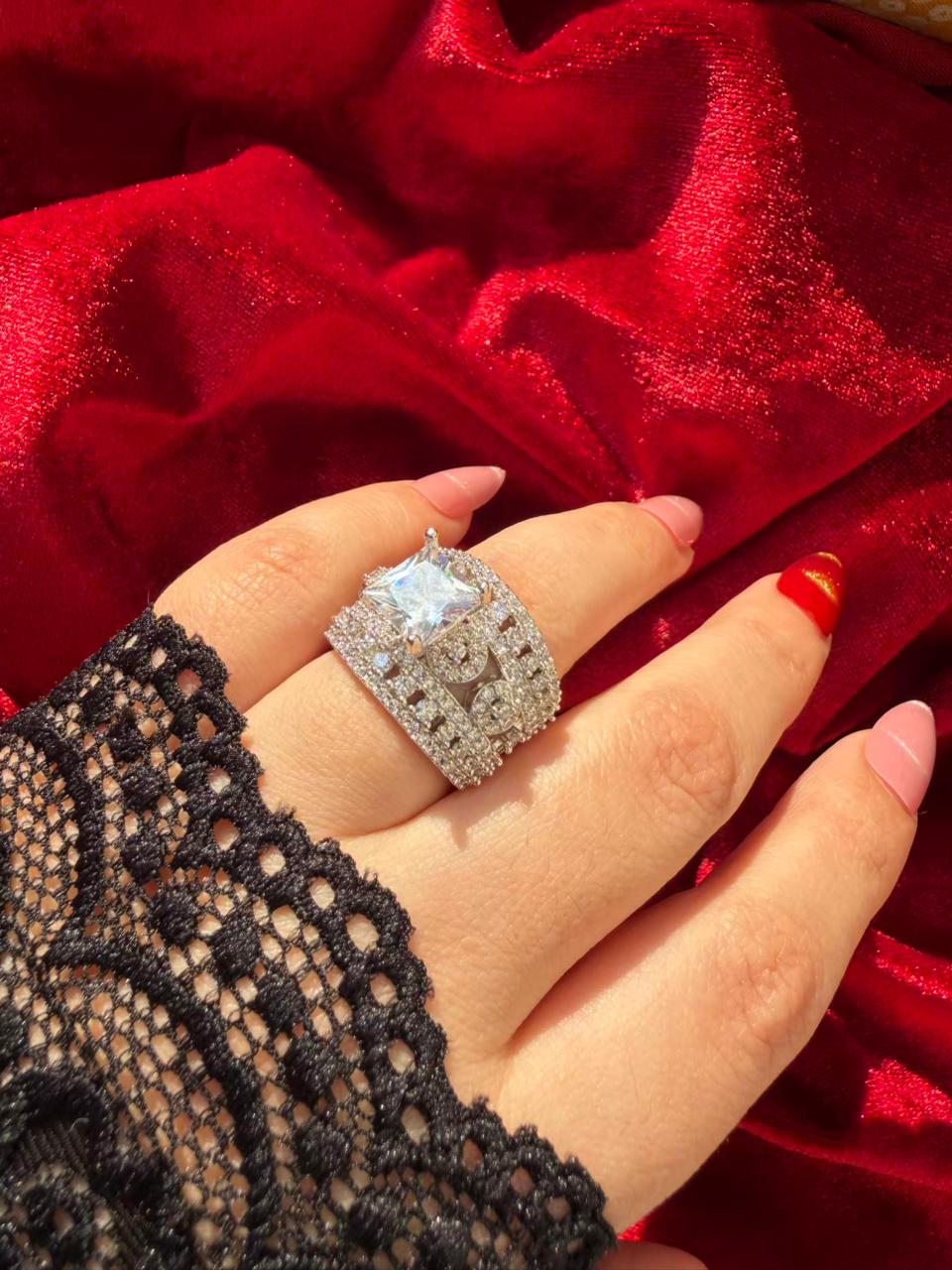 Square Halo Crystal 18K Gold Plated Statement Ring Adjustable