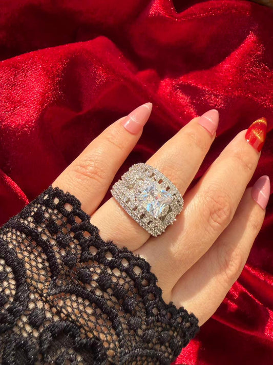 Square Halo Crystal 18K Gold Plated Statement Ring Adjustable