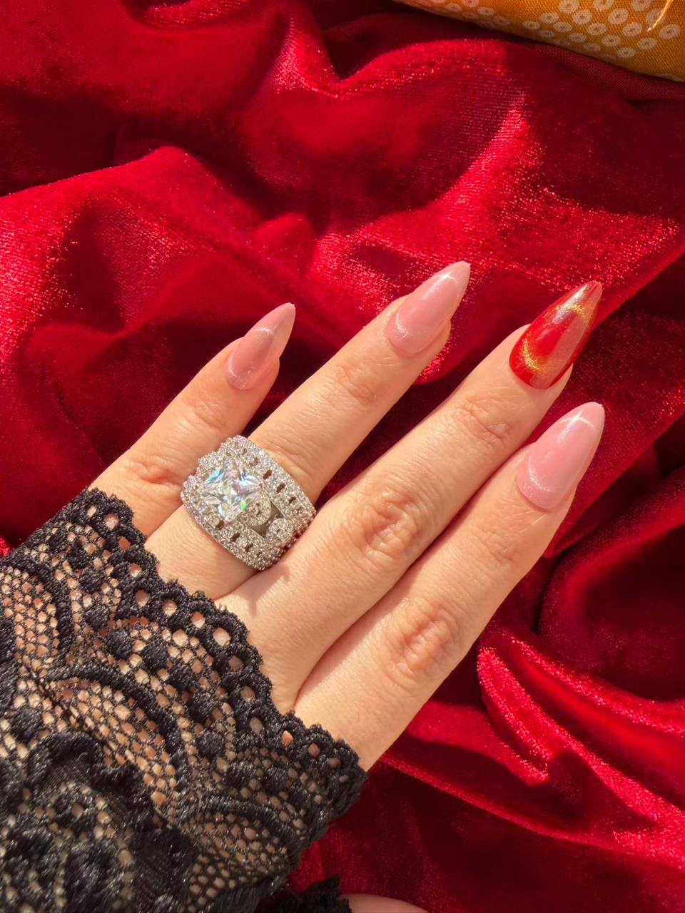 Square Halo Crystal 18K Gold Plated Statement Ring Adjustable