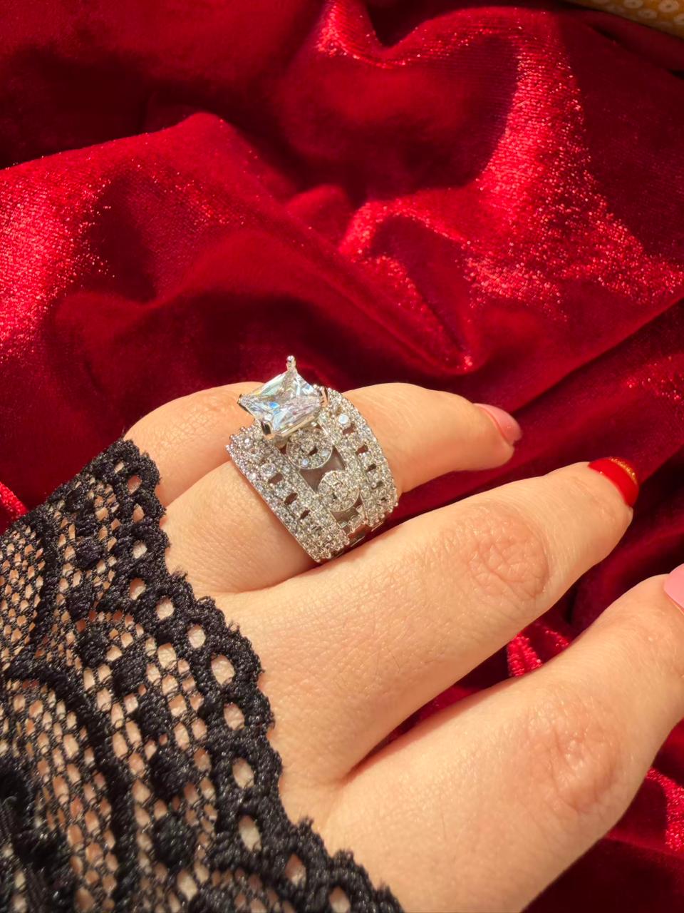 Square Halo Crystal 18K Gold Plated Statement Ring Adjustable