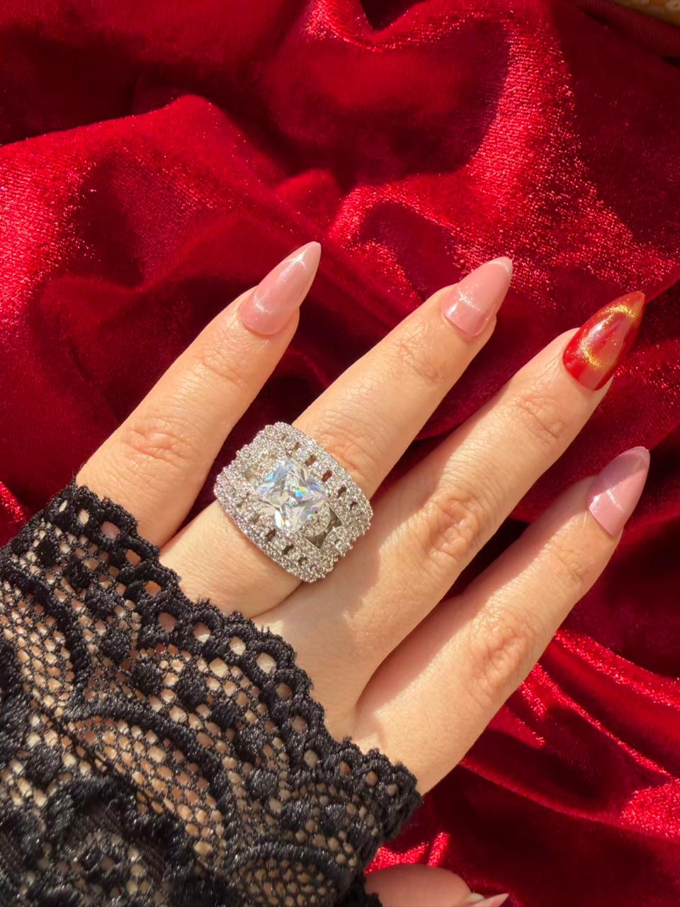 Square Halo Crystal 18K Gold Plated Statement Ring Adjustable