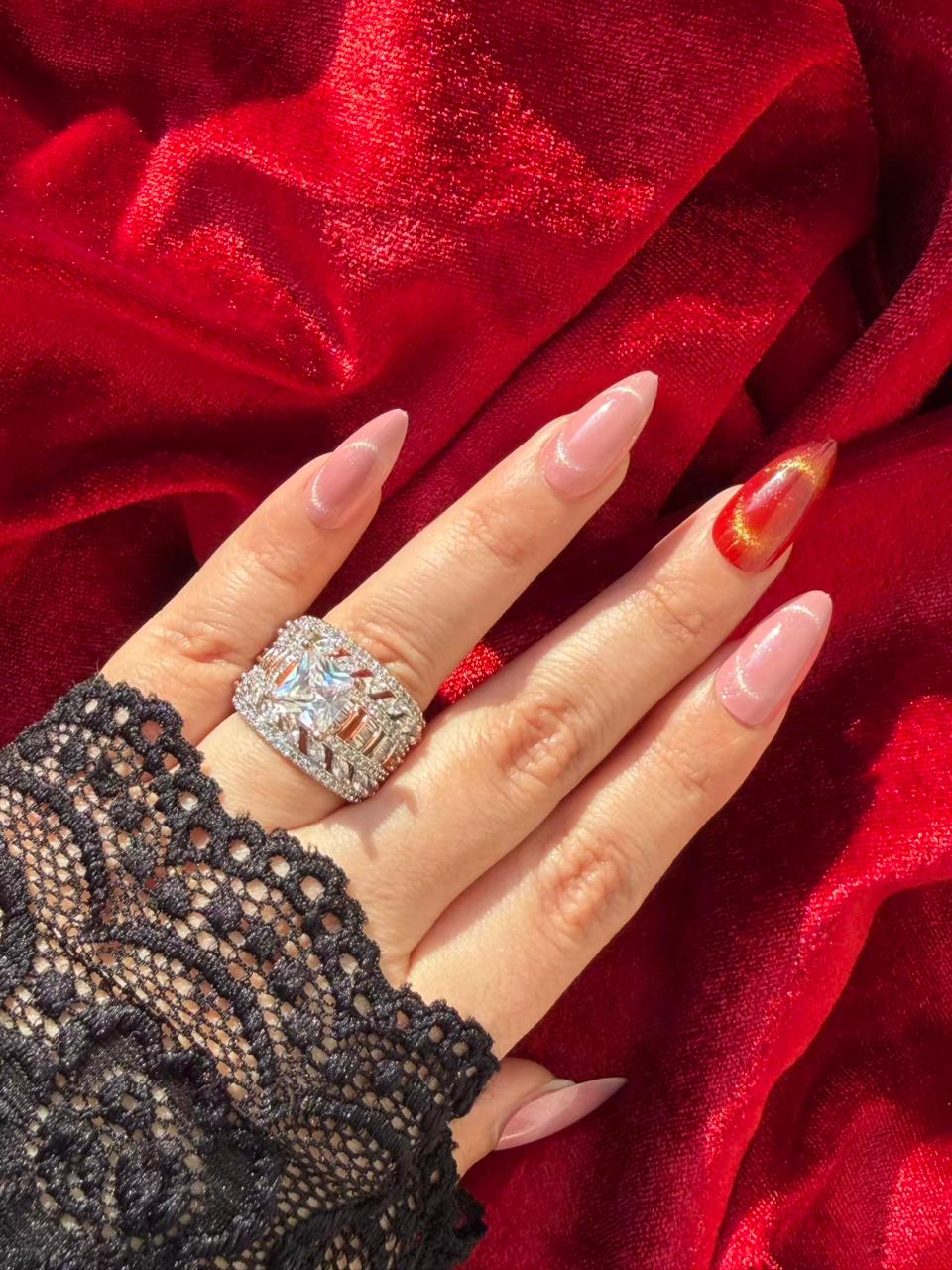 Princess Cut Baguette Crystal 18K Gold Plated Statement Ring Adjustable