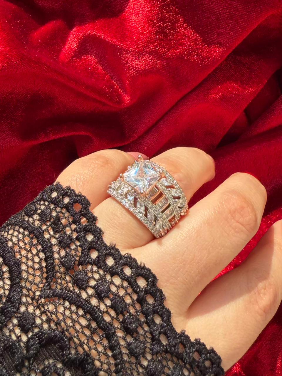 Princess Cut Baguette Crystal 18K Gold Plated Statement Ring Adjustable