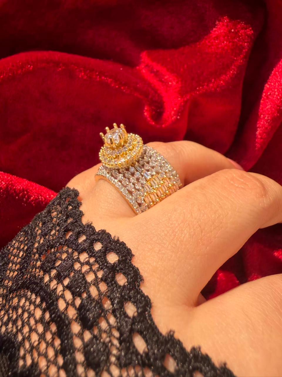 Round Crown Crystal 18K Gold Plated Statement Ring Adjustable