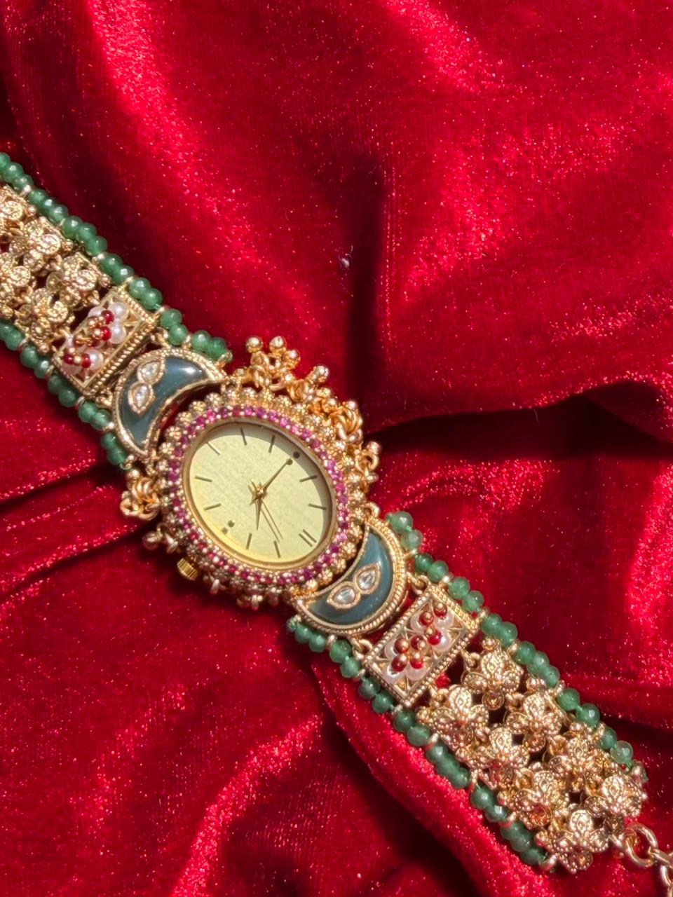 Round Dial Kundan Green Beaded Gold Plated Designer Watch  Heritage Maharani Watch