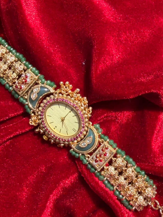 Round Dial Kundan Green Beaded Gold Plated Designer Watch  Heritage Maharani Watch ( Partial COD 200₹ )