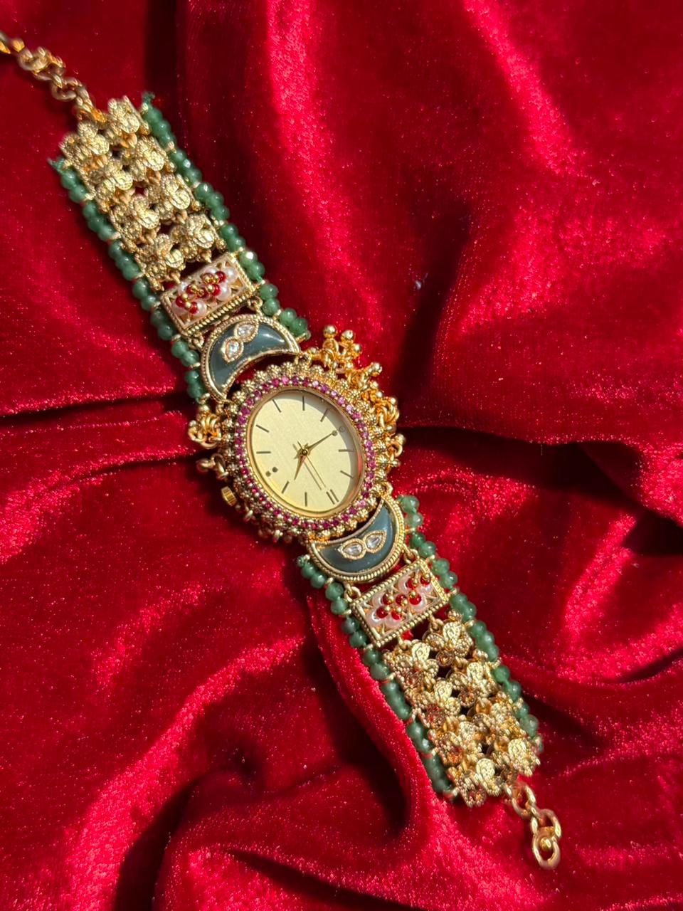 Round Dial Kundan Green Beaded Gold Plated Designer Watch  Heritage Maharani Watch
