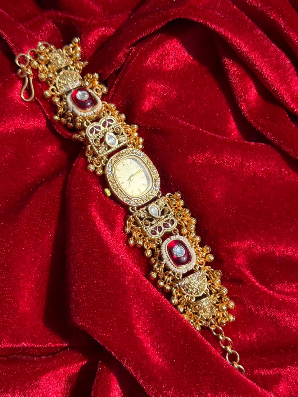 Oval Dial Kundan Ruby Gold Plated Heritage Maharani Watch ( Partial COD 200₹ )