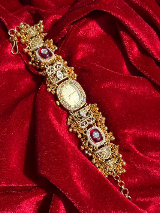 Oval Dial Kundan Ruby Gold Plated Heritage Maharani Watch ( Partial COD 200₹ )