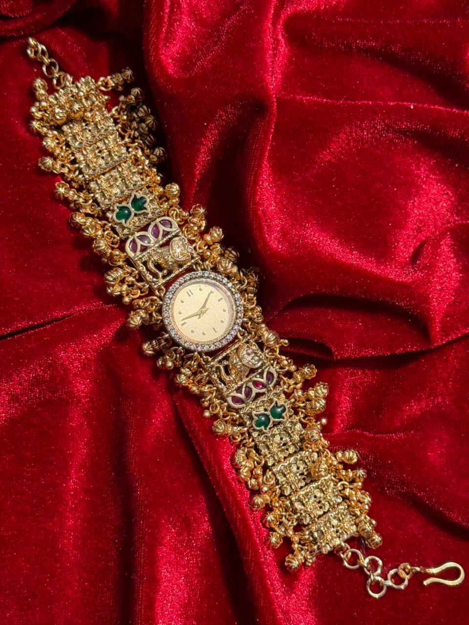 Round Dial Elephant Motif Kundan Gold Plated  Heritage Maharani Watch