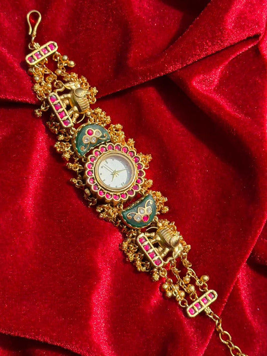 Peacock & Elephant Motif Ruby Green Meenakari Gold Plated Heritage Maharani Watch ( Partial COD 200₹ )
