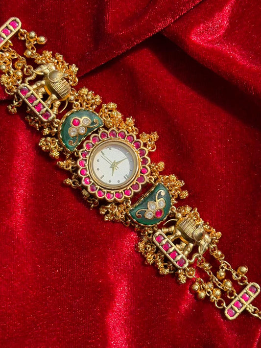 Peacock & Elephant Motif Ruby Green Meenakari Gold Plated Heritage Maharani Watch ( Partial COD 200₹ )