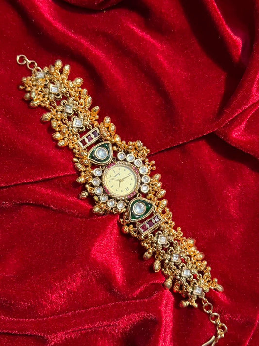 Floral Polki Kundan Green Ruby Gold Plated Traditional Watch Heritage Maharani Watch ( Partial COD 200₹ )
