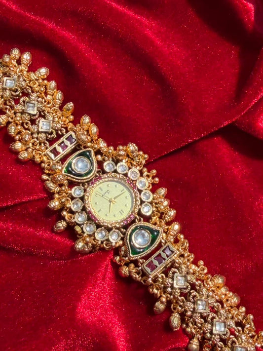 Floral Polki Kundan Green Ruby Gold Plated Traditional Watch Heritage Maharani Watch ( Partial COD 200₹ )