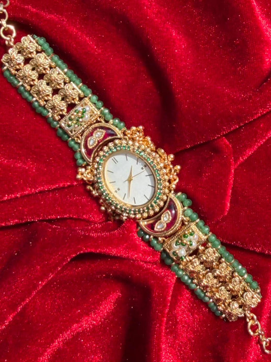 Round Dial Green Beaded Kundan Gold Plated Heritage Maharani Watch ( Partial COD 200₹ )