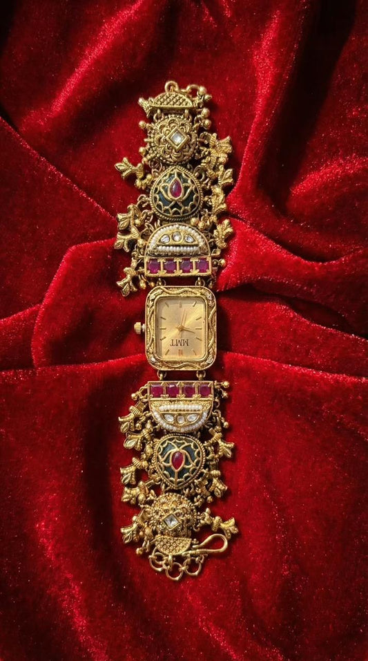 Square Dial Antique Temple Motif Ruby Kundan Gold Plated Heritage Maharani Watch ( Partial COD 200₹ )