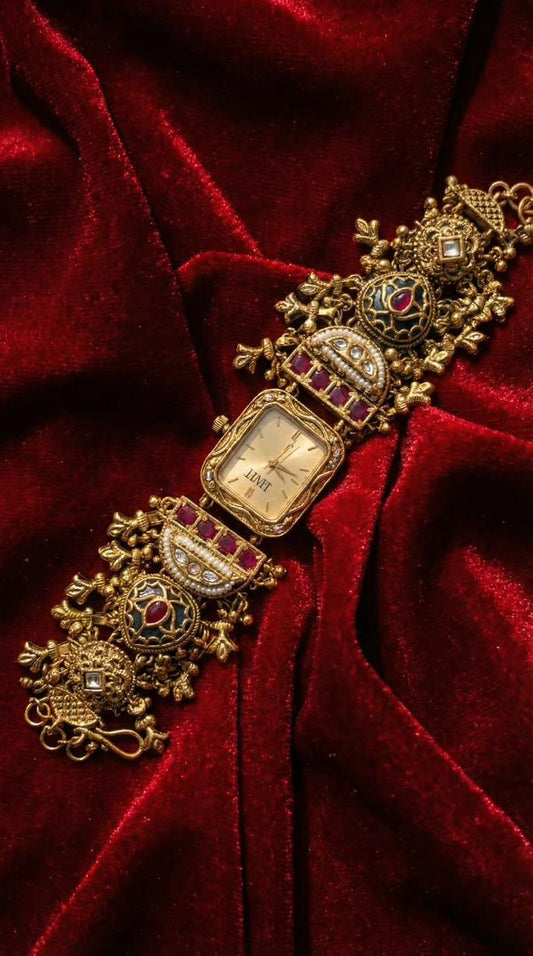 Square Dial Antique Temple Motif Ruby Kundan Gold Plated Heritage Maharani Watch ( Partial COD 200₹ )
