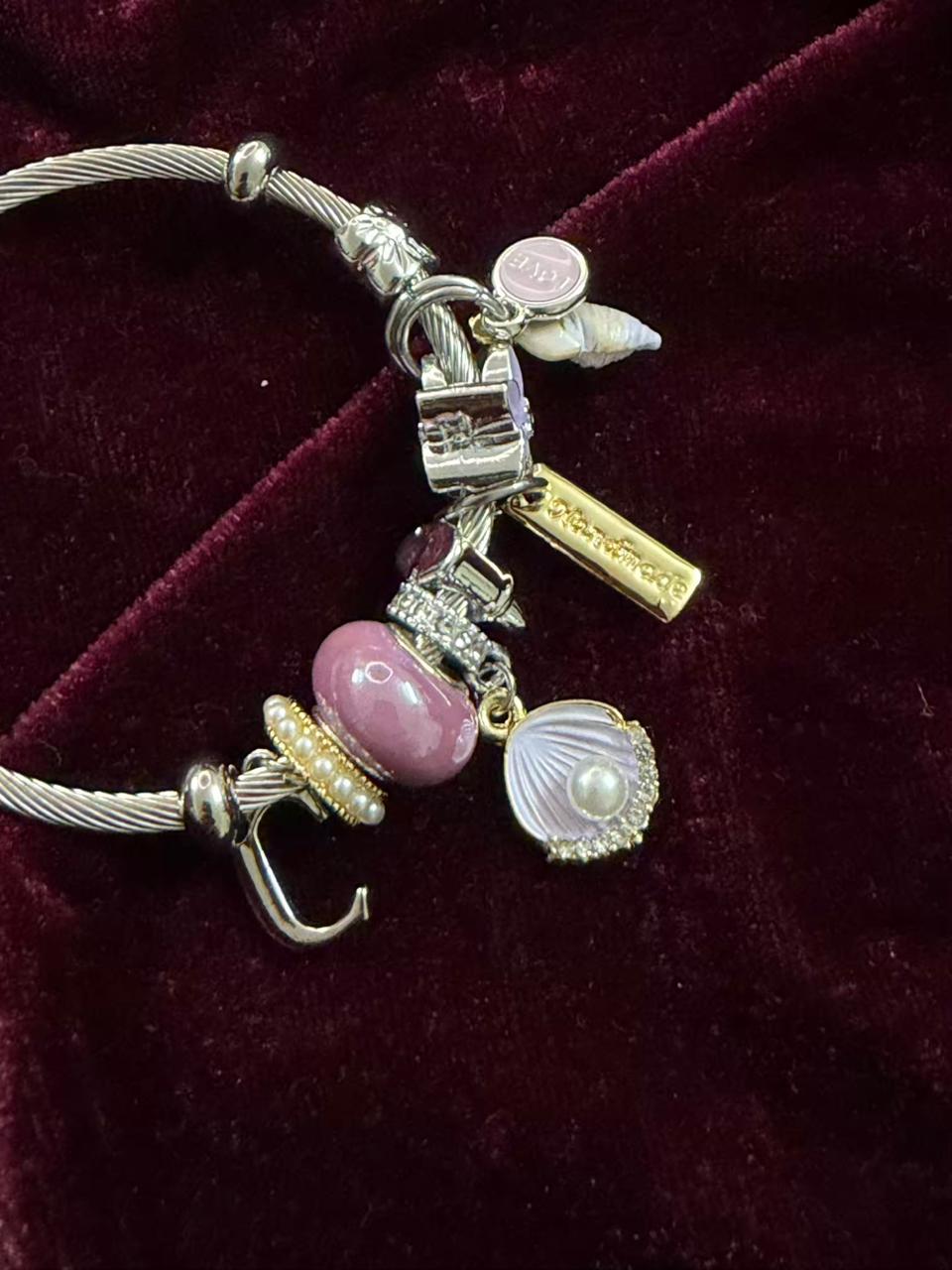 Pandora Style Pink Beach Charms Bracelet With Customised Initial (Silver)