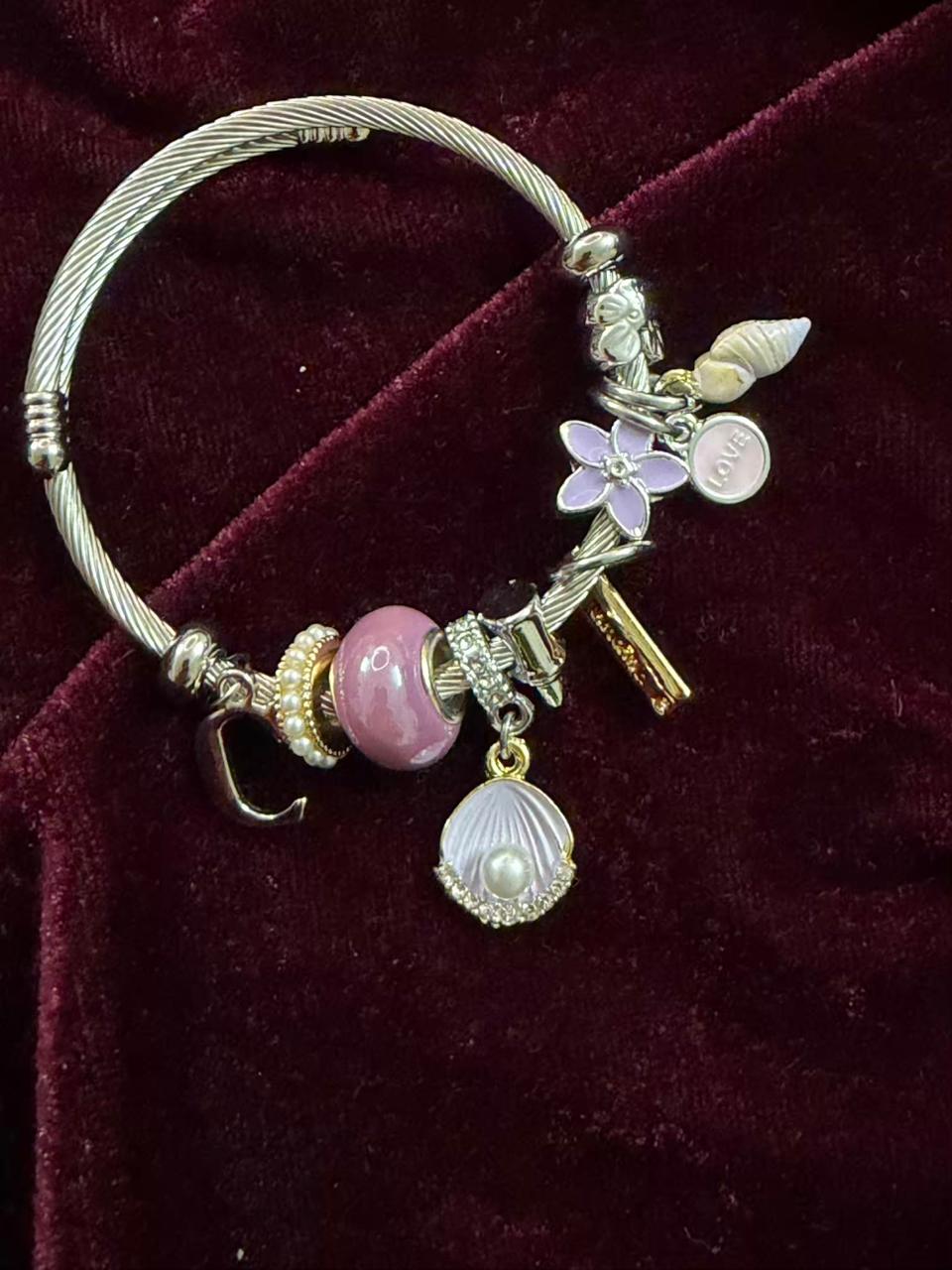 Pandora Style Pink Beach Charms Bracelet With Customised Initial (Silver)
