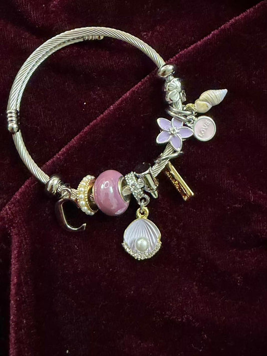 Pandora Style Pink Beach Charms Bracelet With Customised Initial (Silver)