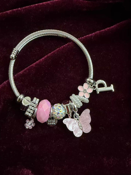 Pandora Style Pink Beads Charms Bracelet With Customised Initial (Silver)
